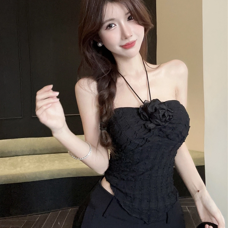水中花 纯欲挂脖小背心女紧身内搭外穿不规则花朵甜辣上衣吊带 女款
