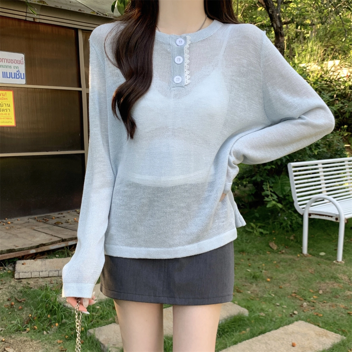 水中花 夏季韩版宽松甜美纽扣设计防晒可内搭罩衫上衣针织衫 女款