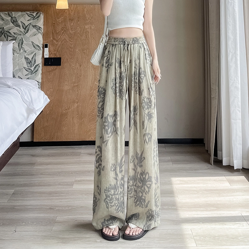 水中花 法式复古慵懒印花阔腿裤宽松垂坠感遮肉显瘦休闲裤 女款