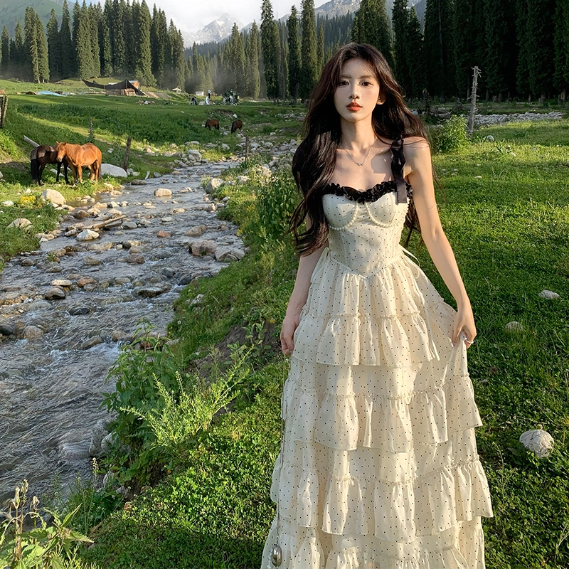 水中花 波点连身裙夏日绝美小裙子吊带连衣裙  女款