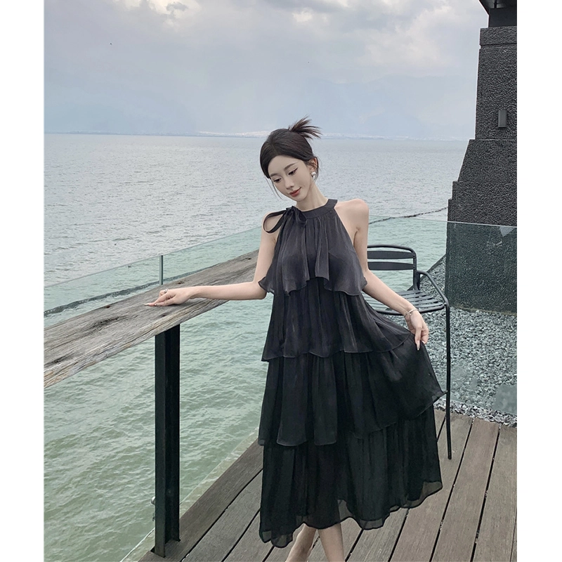 水中花 法式流光纱撞色蝴蝶结海边月光裙无袖连衣裙 女款