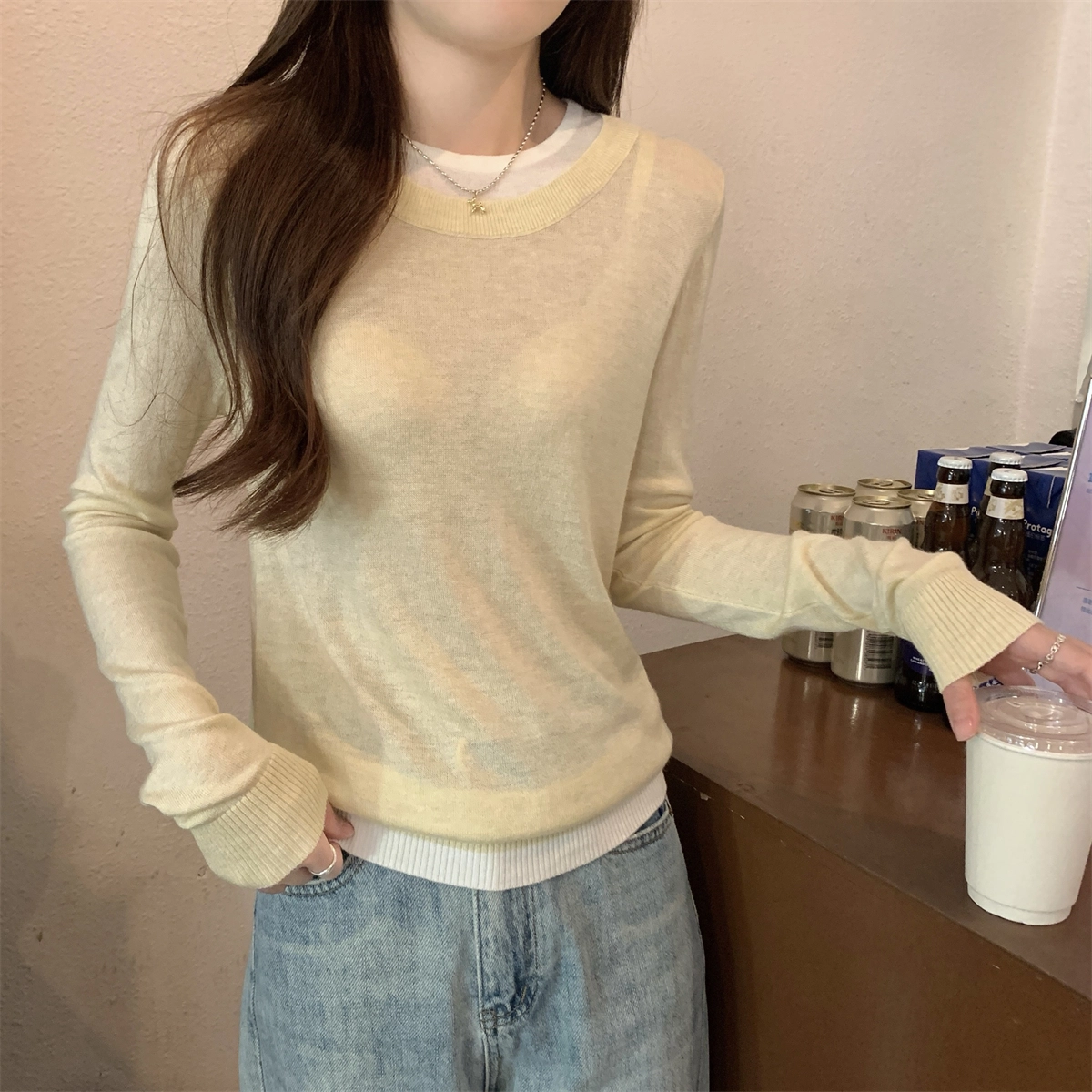 水中花 秋冬韩版圆领撞色气质假两件舒适针织衫 女款