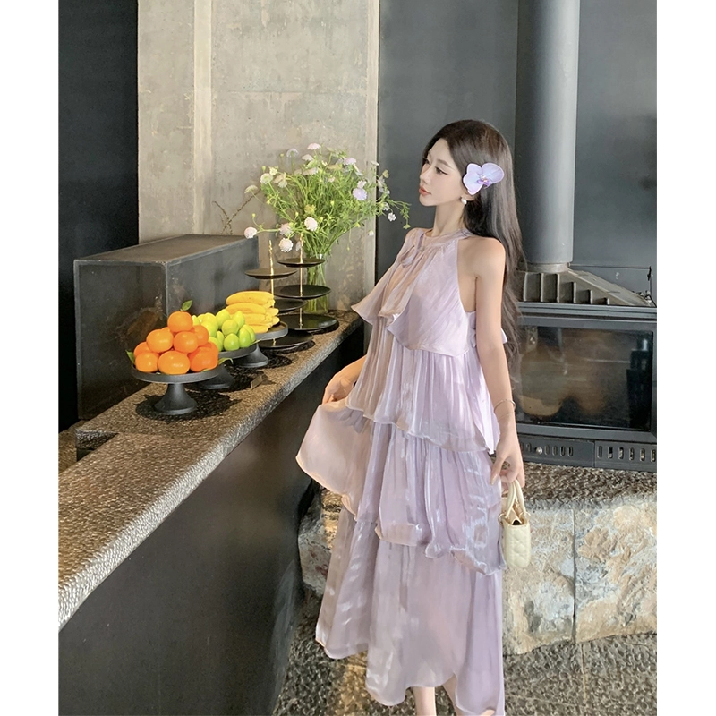 水中花 法式流光纱撞色蝴蝶结海边月光裙无袖连衣裙 女款