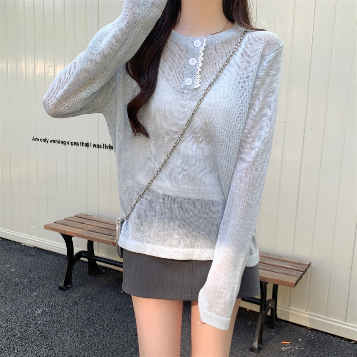 水中花 夏季韩版宽松甜美纽扣设计防晒可内搭罩衫上衣针织衫 女款