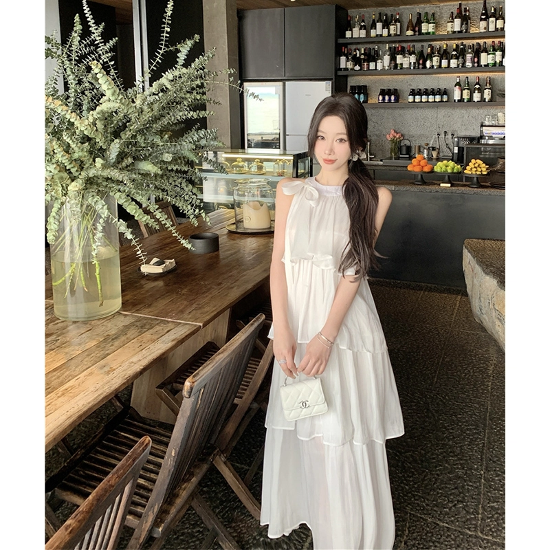 水中花 法式流光纱撞色蝴蝶结海边月光裙无袖连衣裙 女款