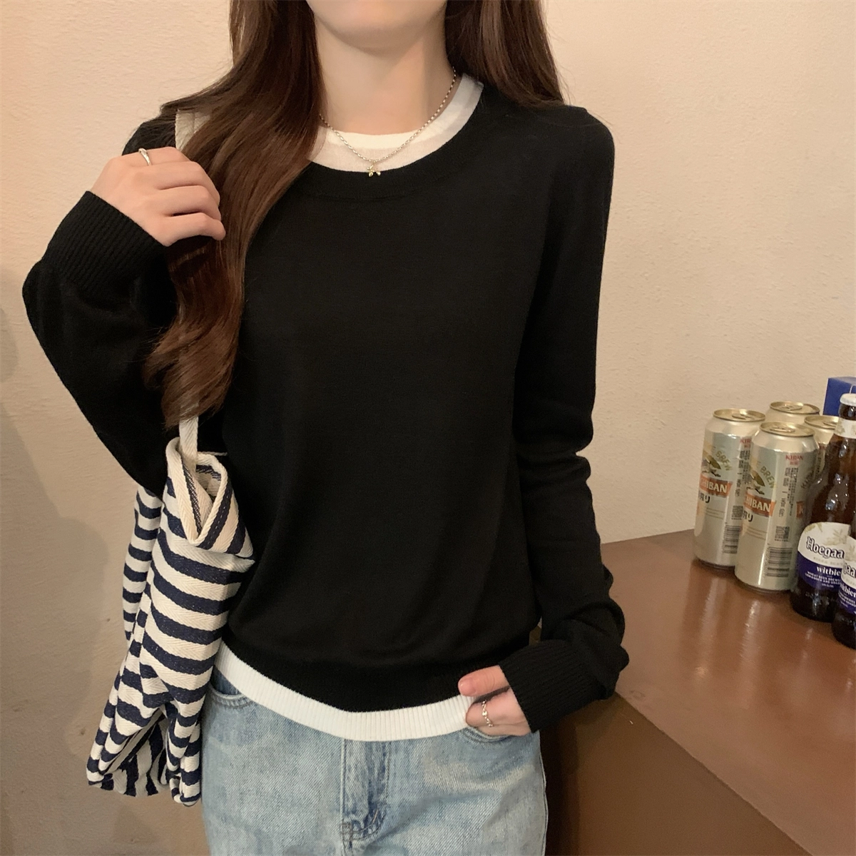 水中花 秋冬韩版圆领撞色气质假两件舒适针织衫 女款