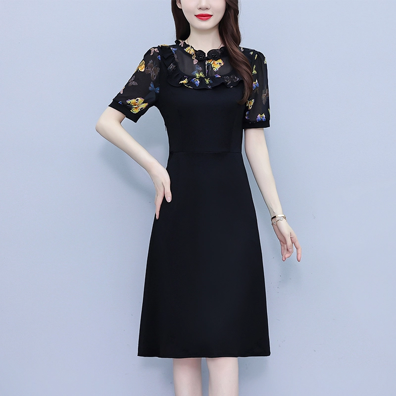 水中花 气质韩版显瘦时尚收腰裙子中年妈妈短袖连衣裙 女款