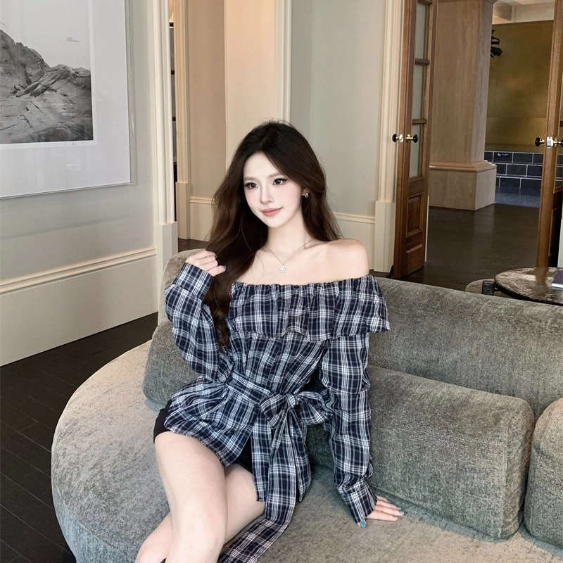 水中花 法式辣妹复古格子不规则长袖女秋季绝美一字肩上衣衬衫 女款