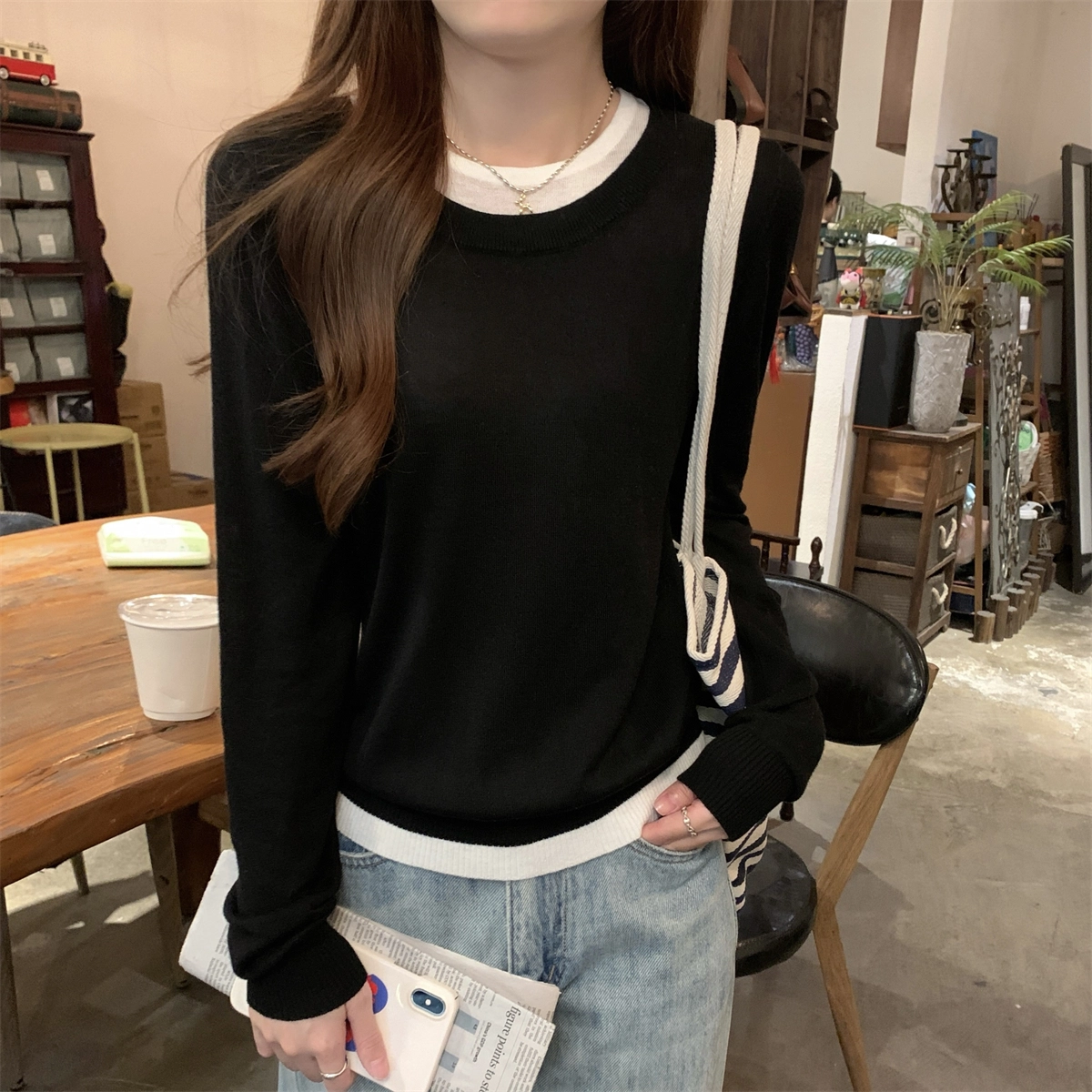 水中花 秋冬韩版圆领撞色气质假两件舒适针织衫 女款