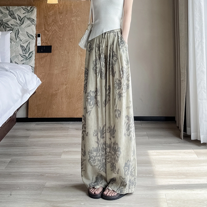水中花 法式复古慵懒印花阔腿裤宽松垂坠感遮肉显瘦休闲裤 女款