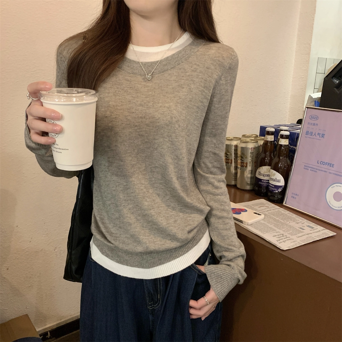 水中花 秋冬韩版圆领撞色气质假两件舒适针织衫 女款