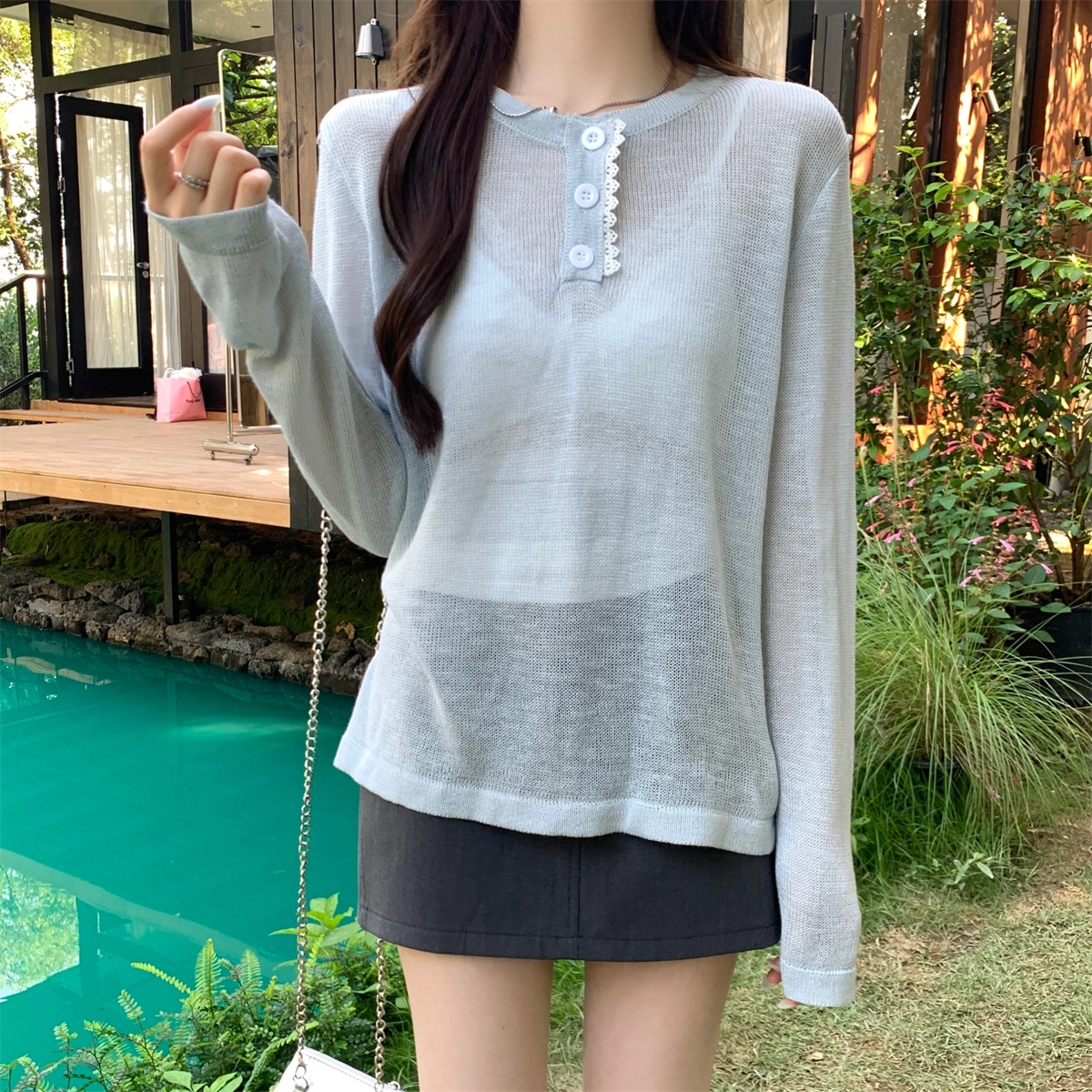 水中花 夏季韩版宽松甜美纽扣设计防晒可内搭罩衫上衣针织衫 女款