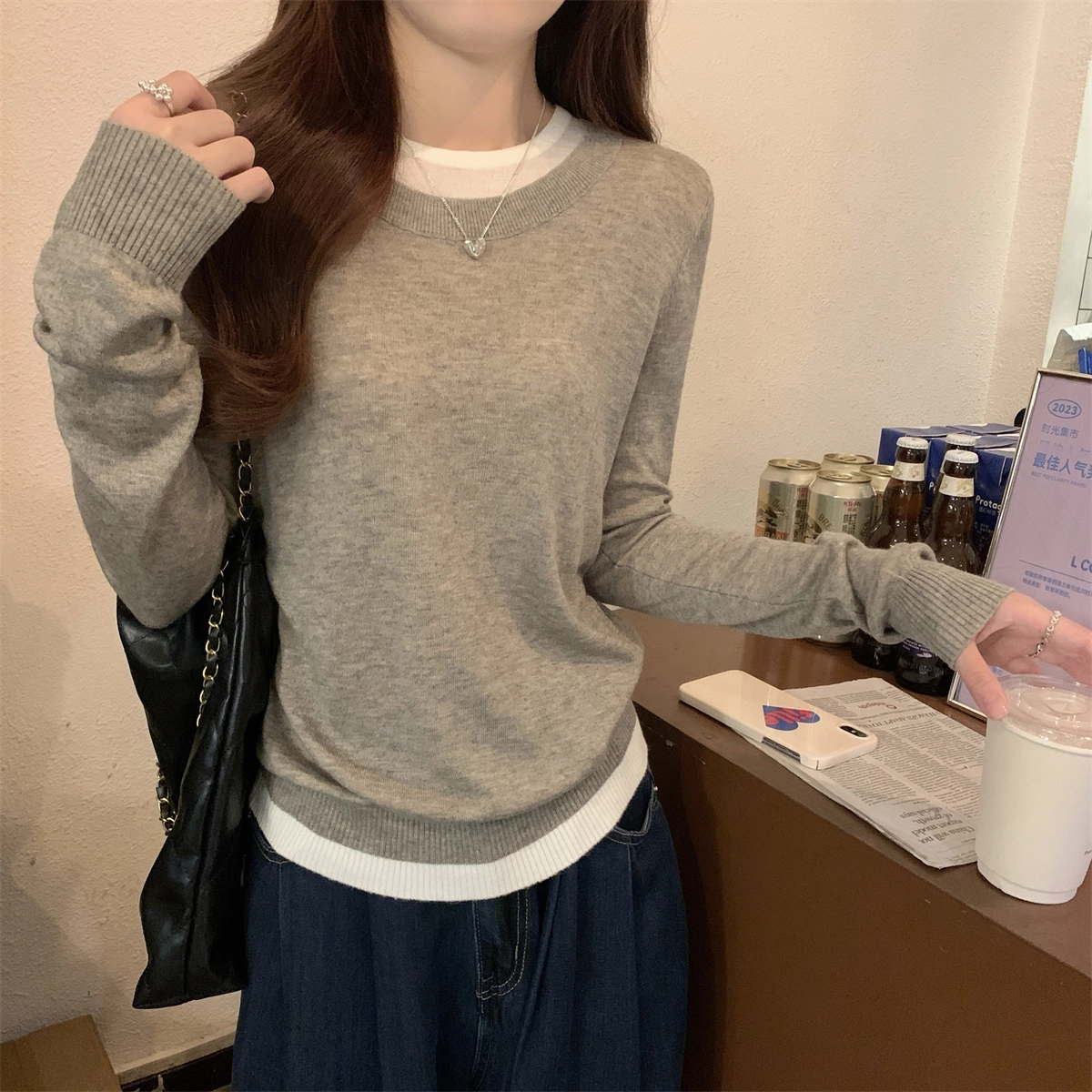 水中花 秋冬韩版圆领撞色气质假两件舒适针织衫 女款