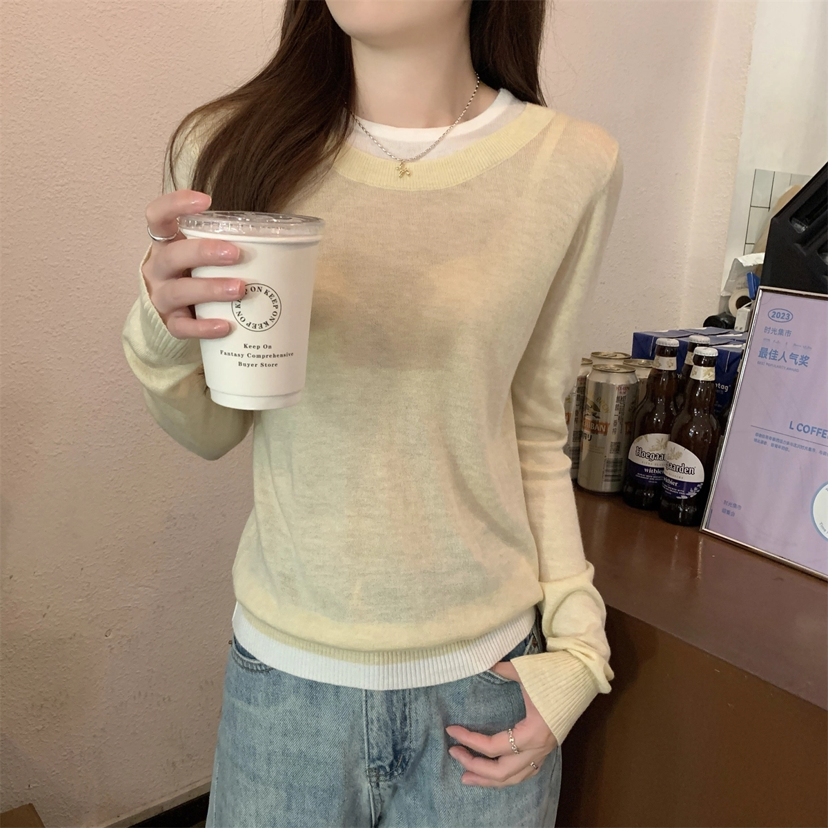 水中花 秋冬韩版圆领撞色气质假两件舒适针织衫 女款