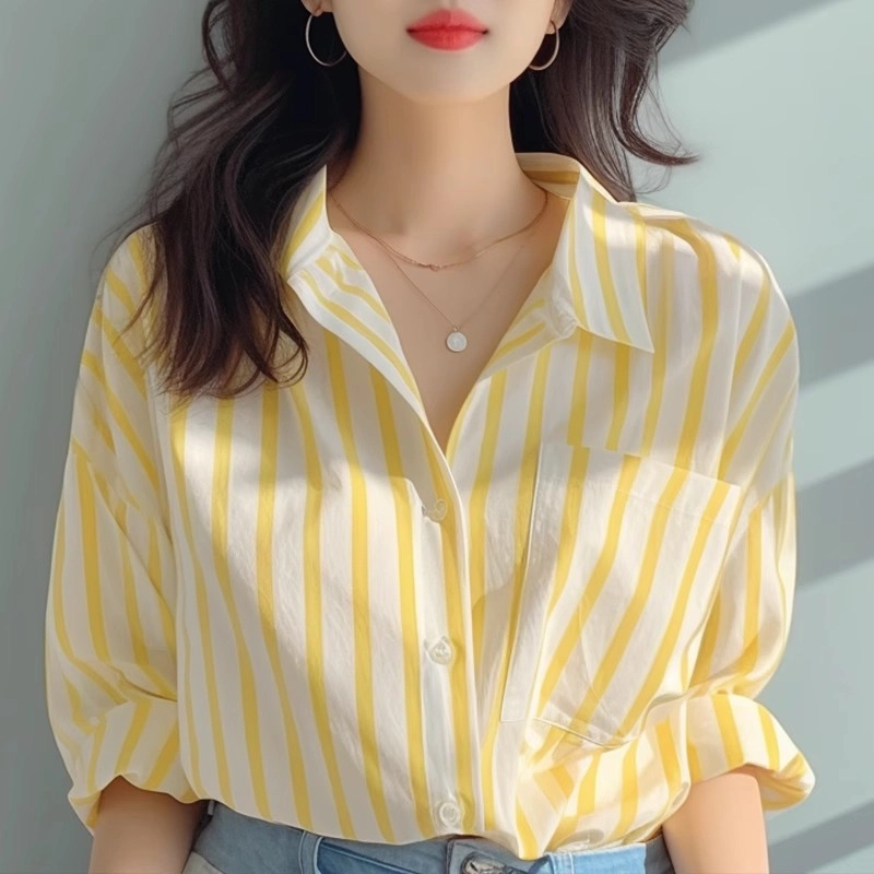 水中花 竖条纹早春衬衣欧货洋气小衫爆款海边防晒衫衬衫 女款