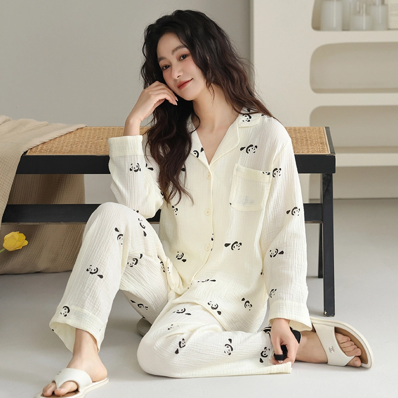 夏芬妍 休闲舒适熊猫满印婴儿棉翻领开衫家居服柔软亲肤可外穿长袖长裤 睡衣套装 女款 杏色