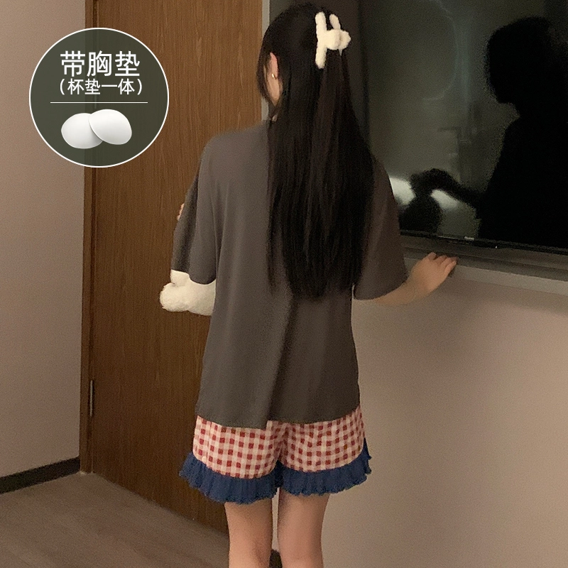 夏芬妍 柔软舒适甜美两只小狗冰丝螺纹家居服亲肤休闲带胸垫短袖短裤时尚可外穿睡衣套装 女款 棕色
