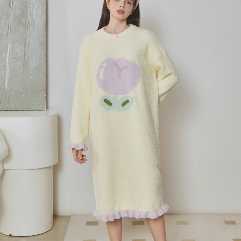 夏芬妍 简约甜美柔软亲肤郁金香花边半边绒家居服蓄温保暖长袖可外穿睡裙 女款 黄色
