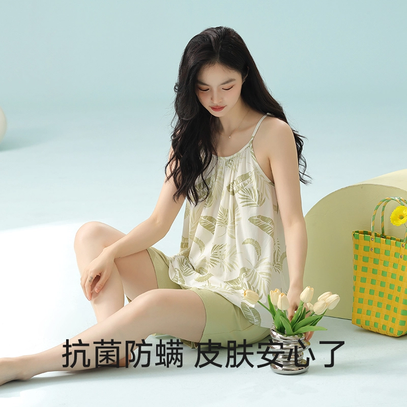 夏芬妍 柔软舒适透气亲肤清新休闲凉感时尚可外穿家居服睡衣套装 女款 绿色