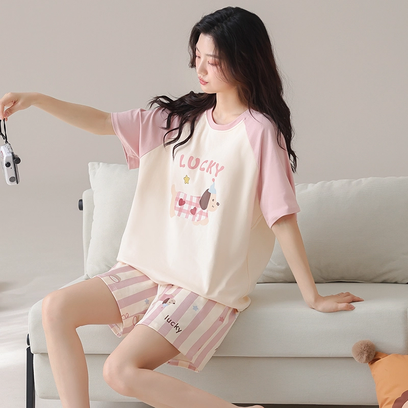 夏芬妍 亲肤舒适条纹戴帽小狗纯棉圆领家居服柔软休闲短袖短裤时尚可外穿睡衣套装 男女同款