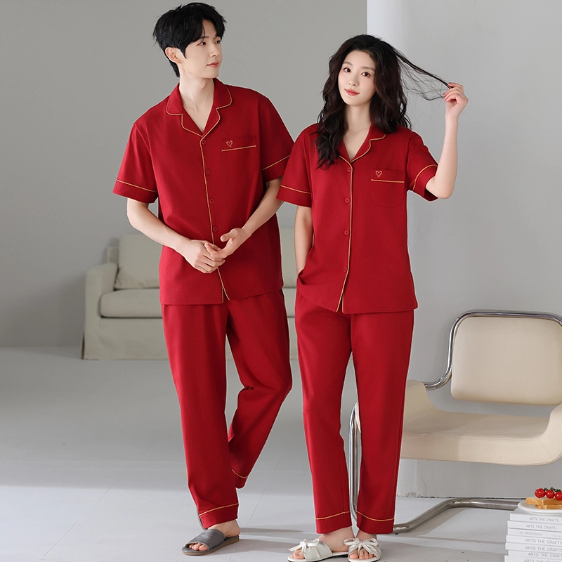 夏芬妍 喜气简约柔软舒适翻领开衫中国红本命年家居服亲肤休闲短袖长裤时尚可外穿睡衣套装 男女同款