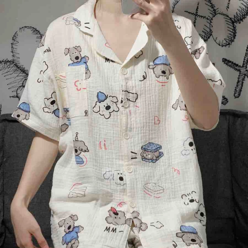 夏芬妍 甜美休闲舒适时尚萌趣小狗双层棉纱翻领家居服亲肤宽松短袖短裤可外穿睡衣套装 女款 杏色