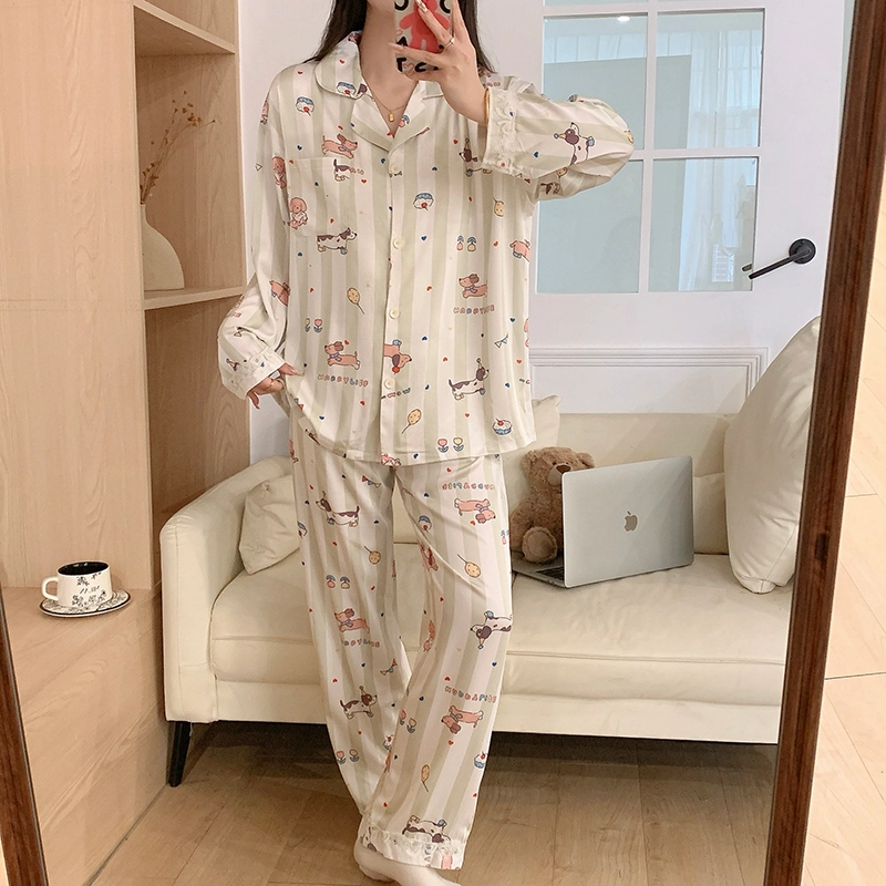 夏芬妍 甜美休闲舒适条纹派对小狗冰丝家居服亲肤宽松长袖长裤时尚可外穿睡衣套装 女款
