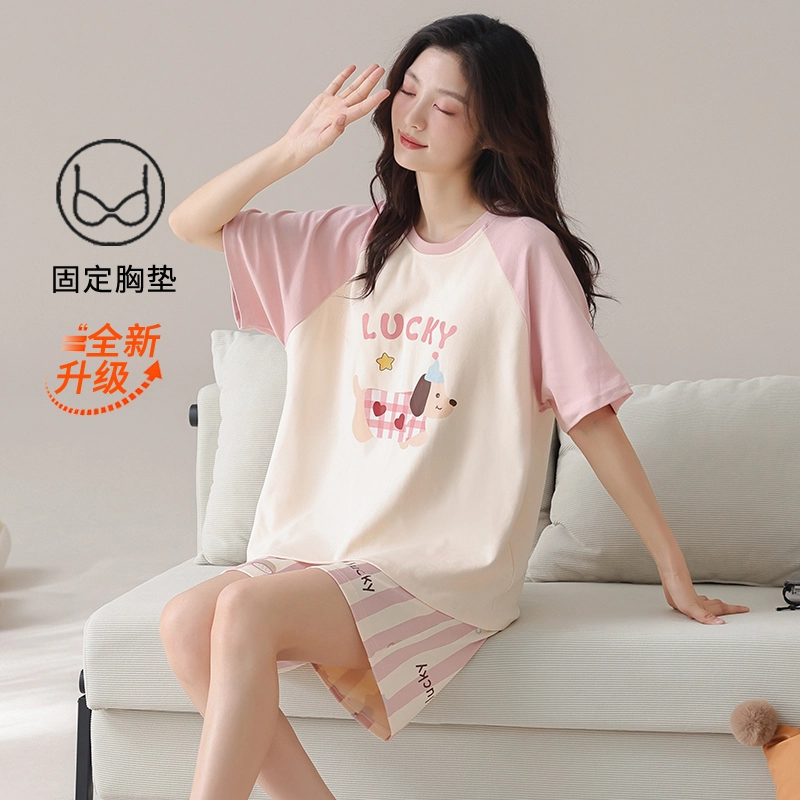 夏芬妍 亲肤舒适条纹戴帽小狗纯棉圆领家居服柔软休闲短袖短裤时尚可外穿睡衣套装 男女同款