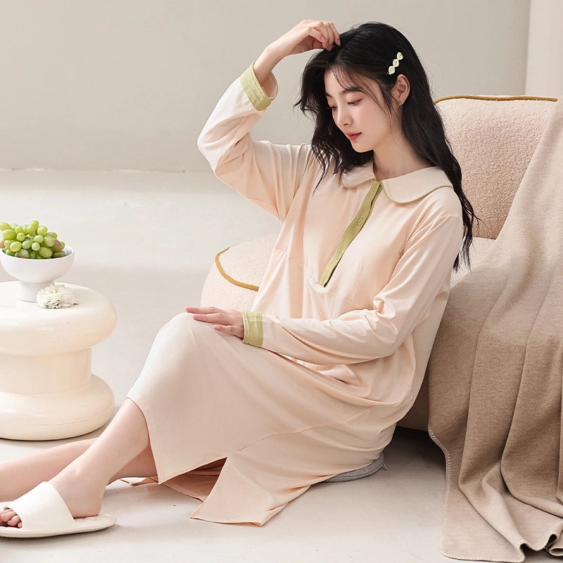 夏芬妍 简约优雅舒适撞色贴袋翻领带胸垫开衫家居服休闲宽松亲肤长袖长裤可外穿睡衣套装 女款 浅杏色