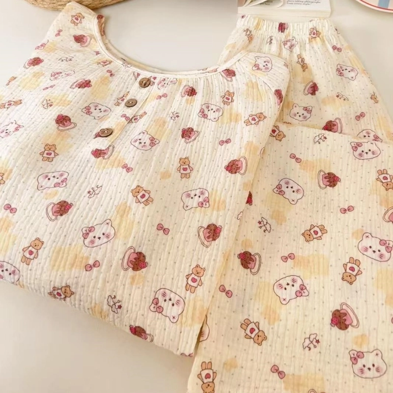 夏芬妍 简约甜美风蛋糕猫咪棉纱圆领家居服亲肤休闲舒适长袖长裤可外穿春秋款睡衣套装 女款 奶黄色