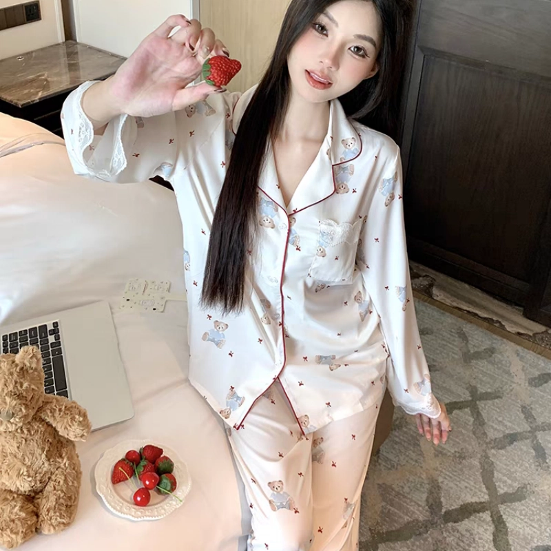 夏芬妍 甜美休闲舒适小熊蕾丝花边长袖长裤可外穿睡衣套装 女款 杏色