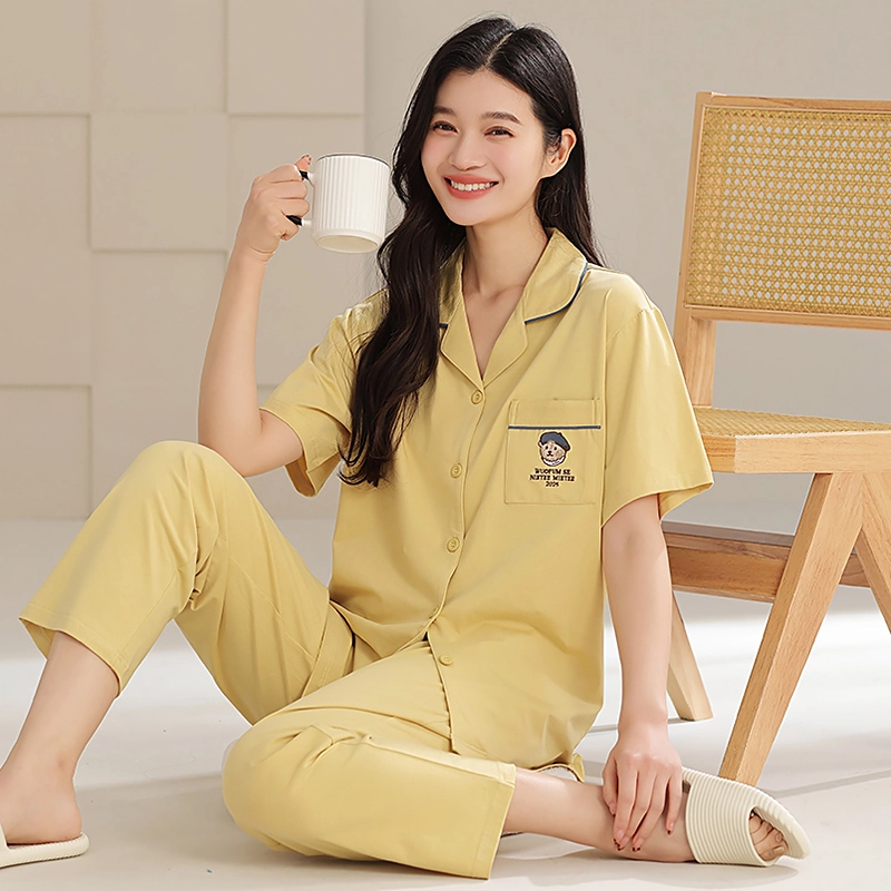 夏芬妍 时尚柔软亲肤戴帽小熊翻领开衫家居服简约休闲舒适短袖长裤可外穿睡衣套装 女款 杏黄色