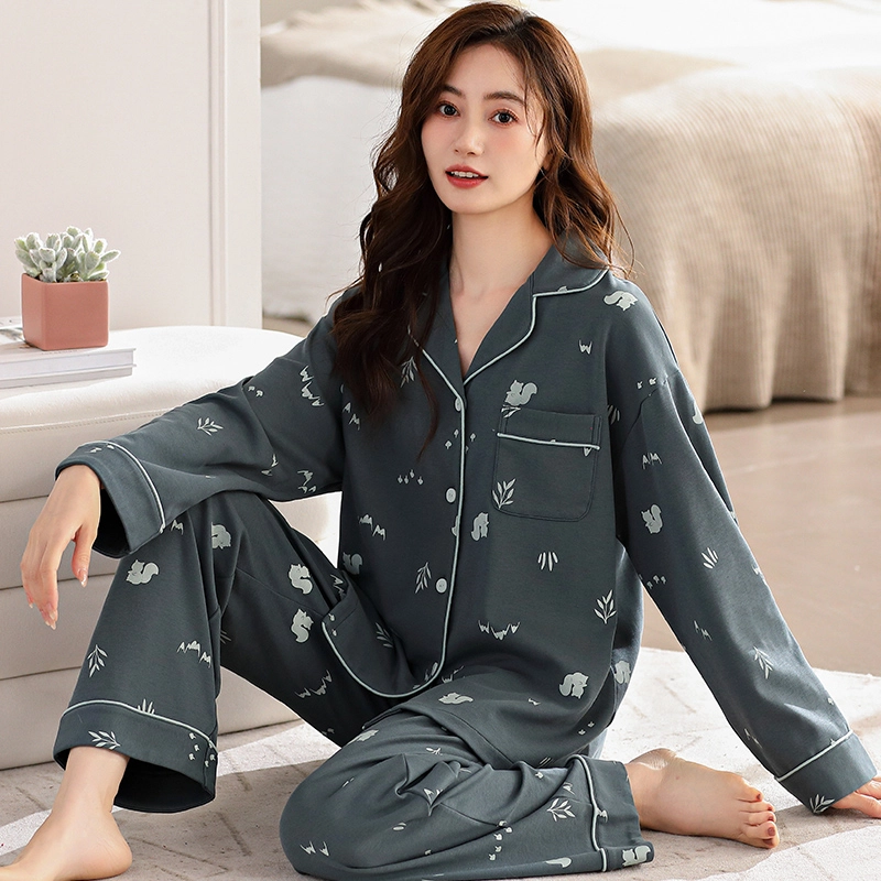 夏芬妍 亲肤舒适翻领家居服简约休闲长袖长裤可外穿睡衣套装 女款 藏蓝色