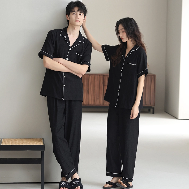 夏芬妍 时尚柔软舒适纯色云朵棉翻领开衫家居服休闲亲肤时尚可外穿短袖长裤睡衣套装 男女同款 黑色