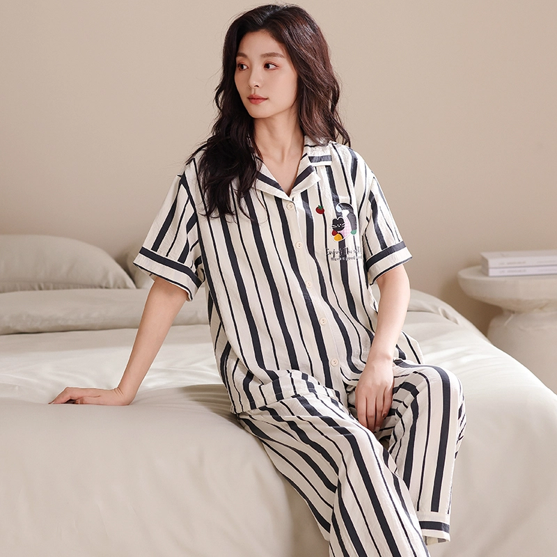 夏芬妍 甜美可爱条纹小猫云朵棉舒适亲肤宽松凉感短袖三件套时尚翻领可外穿家居服睡衣套装 女款 杏色