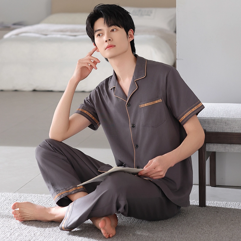 夏芬妍 简约时尚大方柔软舒适纯色字母边翻领家居服亲肤休闲短袖长裤可外穿睡衣套装 男款