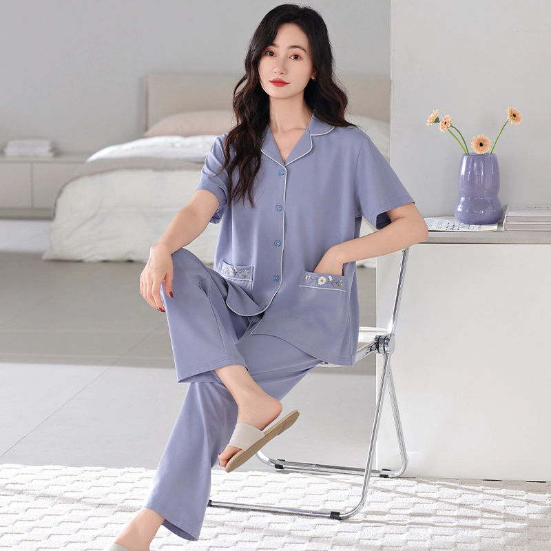 夏芬妍 简约时尚柔软舒适纯色气质绣花翻领家居服亲肤休闲短袖长裤可外穿睡衣套装 女款