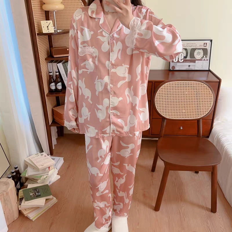 夏芬妍 甜美休闲舒适兔子缎面冰丝家居服柔软亲肤宽松长袖长裤可外穿睡衣套装 女款 粉色
