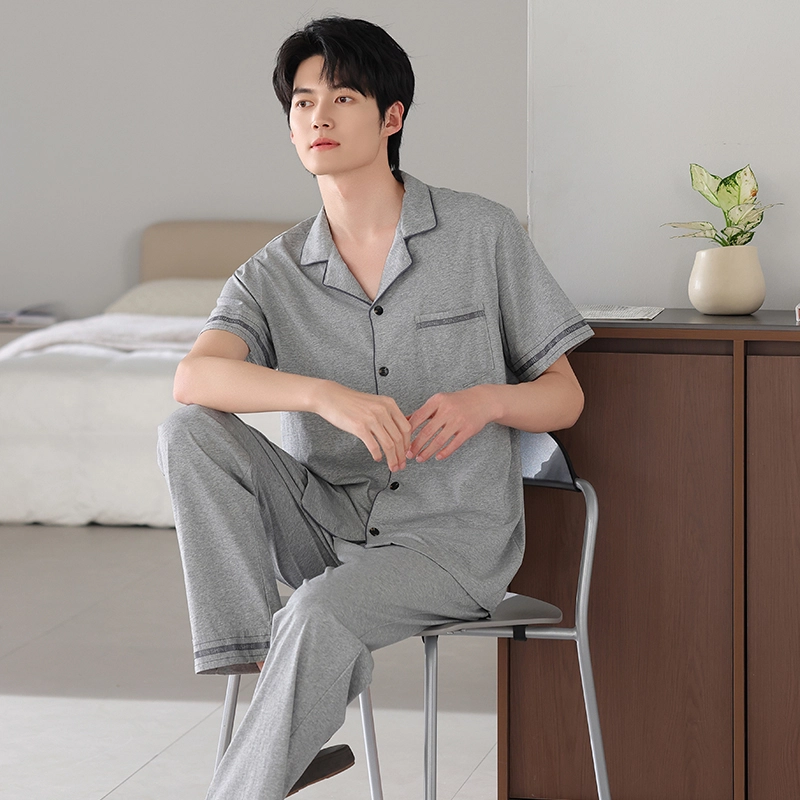 夏芬妍 简约时尚大方柔软舒适纯色字母边翻领家居服亲肤休闲短袖长裤可外穿睡衣套装 男款
