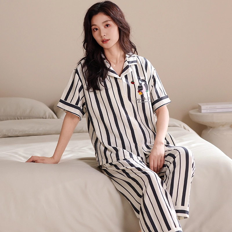 夏芬妍 甜美可爱条纹小猫云朵棉舒适亲肤宽松凉感短袖三件套时尚翻领可外穿家居服睡衣套装 女款 杏色