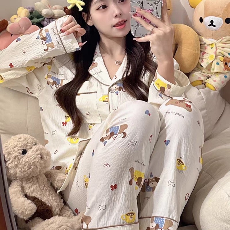 夏芬妍 柔软舒适萌狗乐园云朵棉开衫家居服亲肤休闲长袖长裤可外穿春秋款睡衣套装 女款 杏色