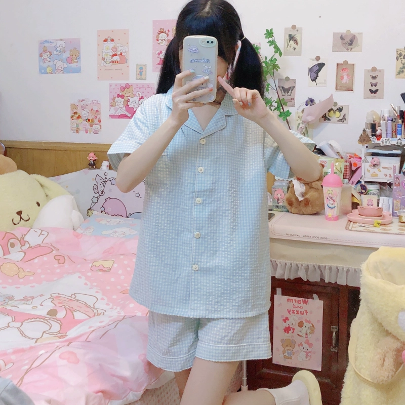 夏芬妍 简约休闲舒适时尚纯色纯棉翻领家居服亲肤宽松短袖短裤可外穿睡衣套装 女款 蓝色