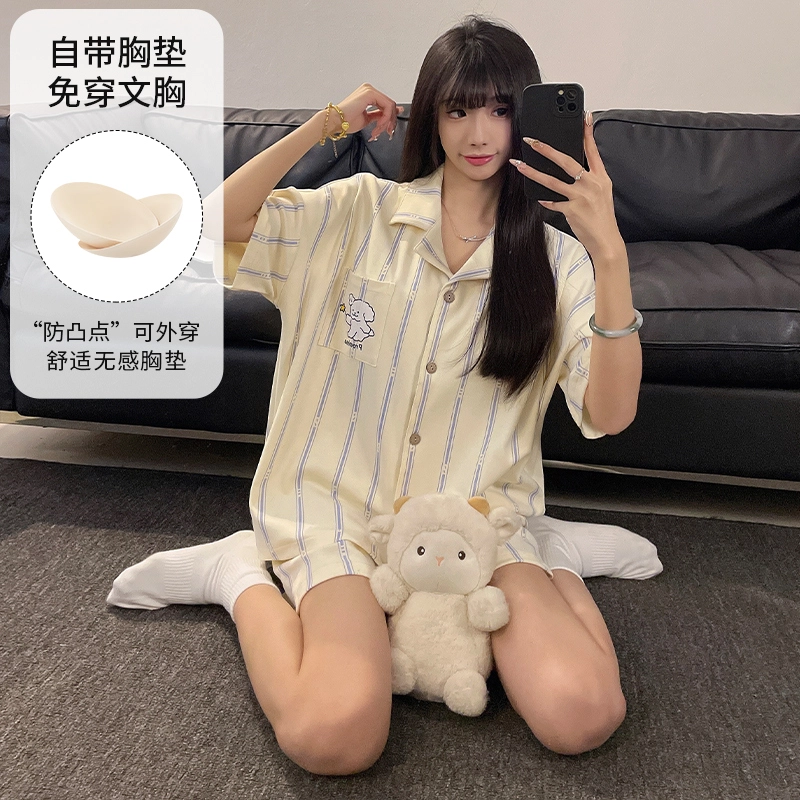 夏芬妍 柔软舒适休闲条纹卡通翻领开衫短袖亲肤时尚可外穿家居服睡衣套装 男女同款
