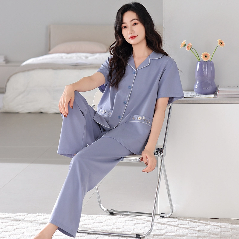 夏芬妍 简约时尚柔软舒适纯色气质绣花翻领家居服亲肤休闲短袖长裤可外穿睡衣套装 女款