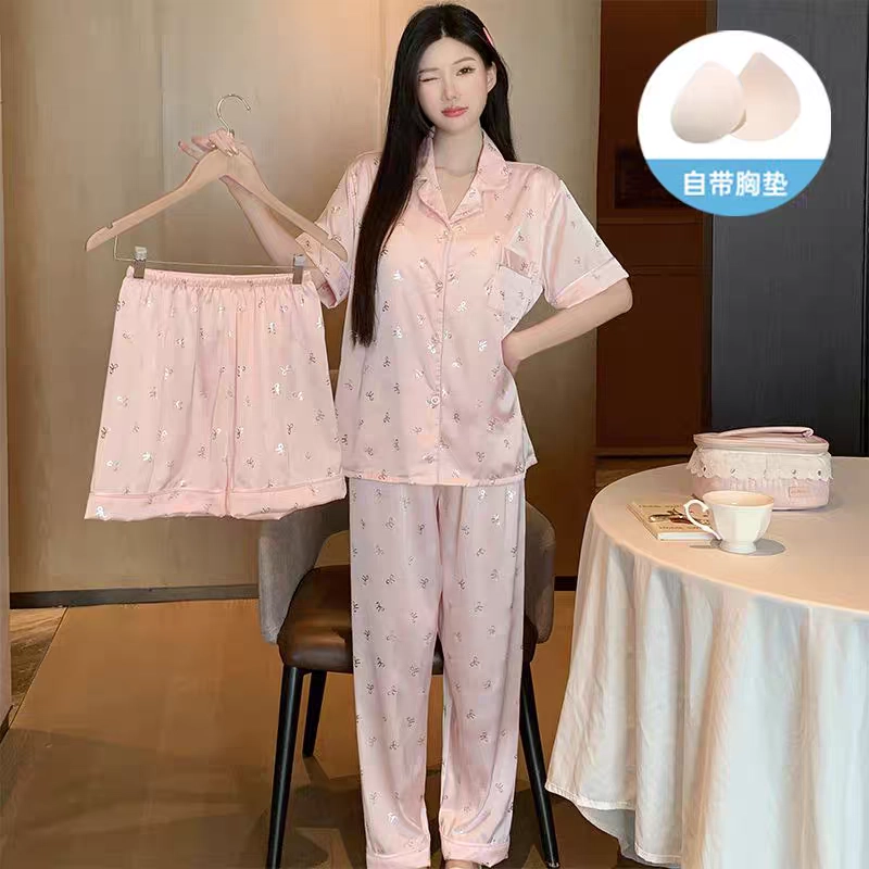 夏芬妍 甜美休闲高级感蝴蝶结冰丝翻领家居服舒适亲肤宽松短袖三件套可外穿睡衣套装 女款