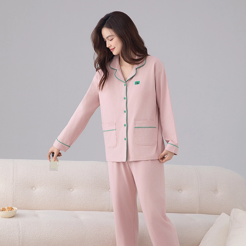 夏芬妍 简约优雅舒适撞色贴袋翻领带胸垫开衫家居服休闲宽松亲肤长袖长裤可外穿睡衣套装 女款 雾粉色