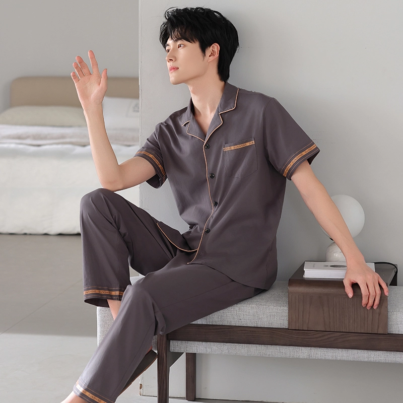 夏芬妍 简约时尚大方柔软舒适纯色字母边翻领家居服亲肤休闲短袖长裤可外穿睡衣套装 男款