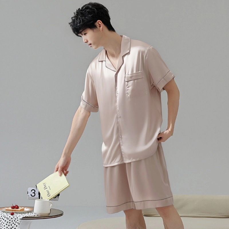 夏芬妍 简约休闲经典百搭纯色冰丝舒适亲肤宽松短袖短裤时尚翻领可外穿家居服睡衣套装 男款 粉色