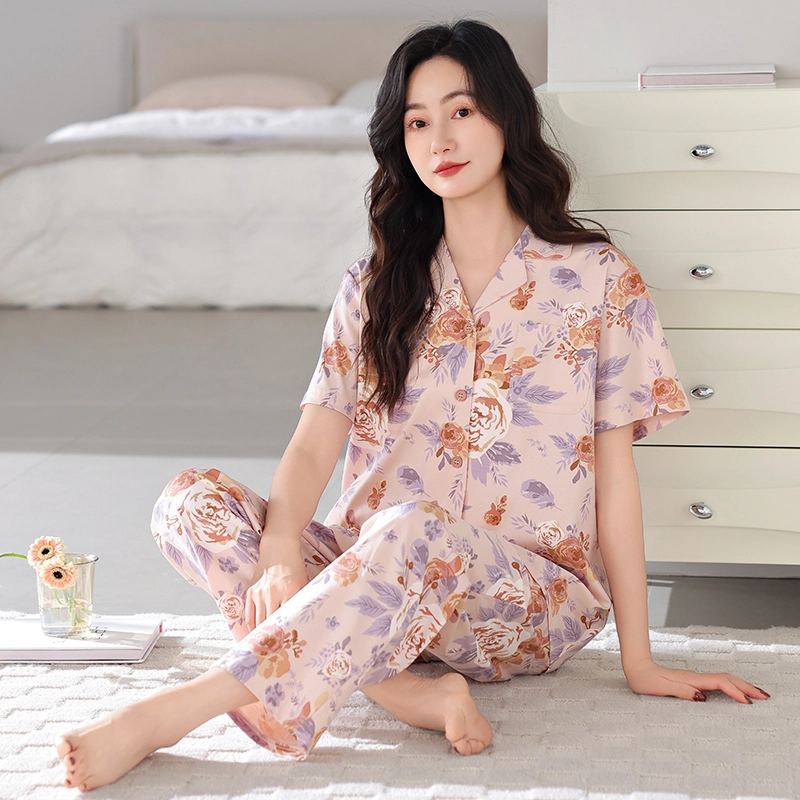 夏芬妍 简约时尚柔软舒适花卉满印翻领家居服亲肤休闲短袖长裤可外穿睡衣套装 女款 粉色