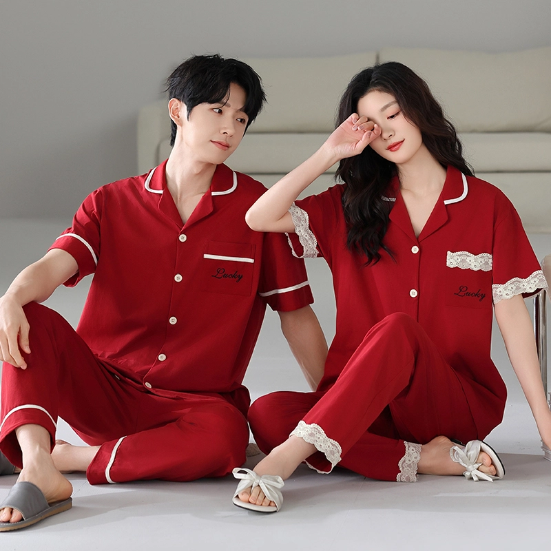 夏芬妍 喜气中国红简约柔软舒适翻领开衫婚庆本命年家居服亲肤休闲短袖长裤时尚可外穿睡衣套装 男女同款